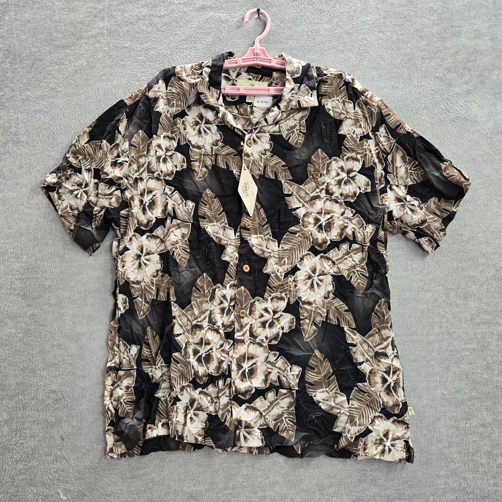 Island Shores Men Button Up Shirt XL Black Floral Hawaiian Short Sleeve NWT